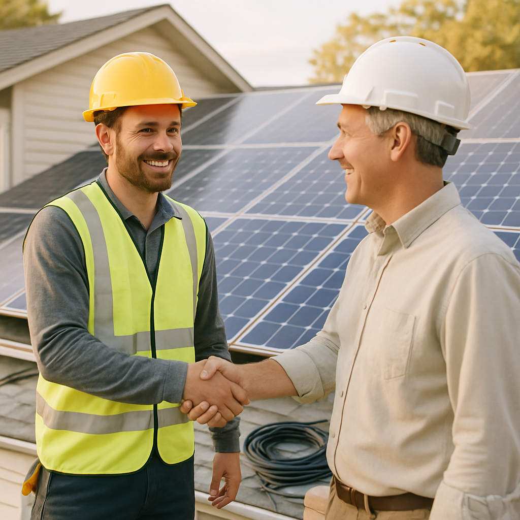 Off-Grid Solar System Cost Queensland - A friendly, accredited solar installer is shaking hands with a smiling homeowner in front of a newly installed solar panel array. Both are wearing appropriate safety gear. The solar panels are neatly installed and the surrounding area is clean and professional.