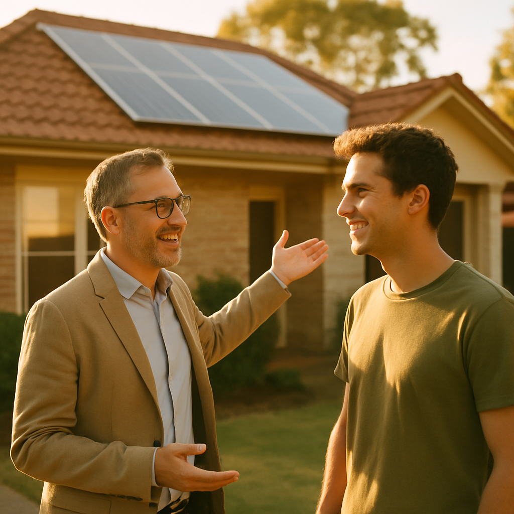 Queensland Government Solar Incentives - A landlord and tenant (both smiling) are standing in front of a rental property. The landlord is gesturing towards newly installed solar panels on the roof. The scene is bathed in warm sunlight, signifying the benefits of solar energy. There is a sense of collaboration and mutual benefit.