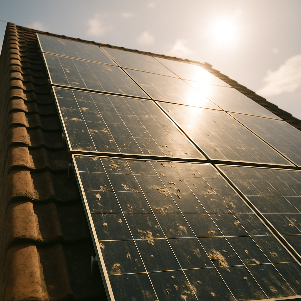 Solar Panel Cleaning Cost Brisbane - A ground-level view looking up at solar panels on a roof with a steep pitch. The panels are visibly dirty with bird droppings and grime. The sun is shining, creating glare and highlighting the potential danger and difficulty of cleaning.