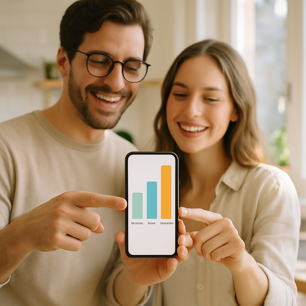 Solar Battery Cost Brisbane - A young couple smiles and points at a smartphone displaying a stylized price comparison chart for 'entry-level,' 'mid-range,' and 'premium' options. They are standing in their sunny kitchen, looking thoughtful and engaged in the decision-making process.