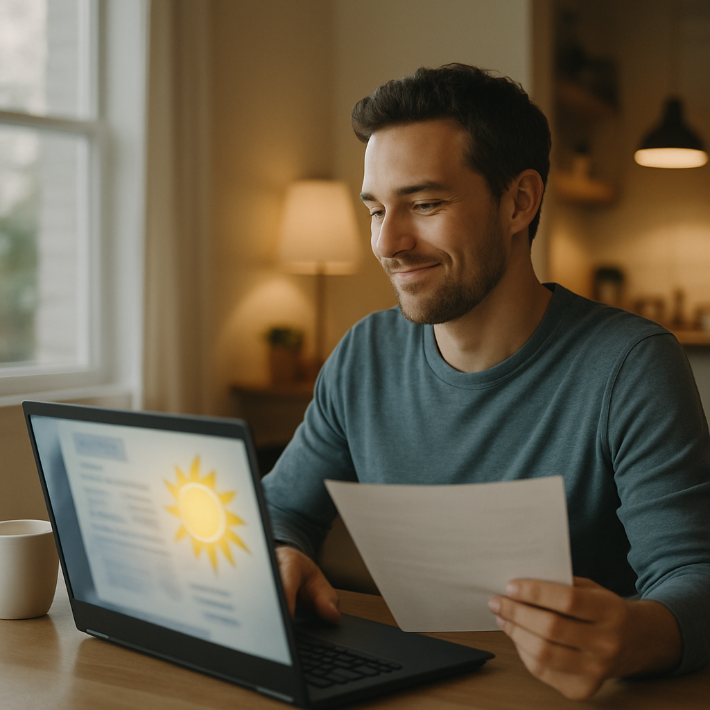 Solar Battery Cost Brisbane - A man sitting at his kitchen table reviewing bills on his laptop. A stylized sun graphic is shining brightly on the laptop screen, visually representing solar energy and savings. There is a sense of optimism and financial relief in the scene.