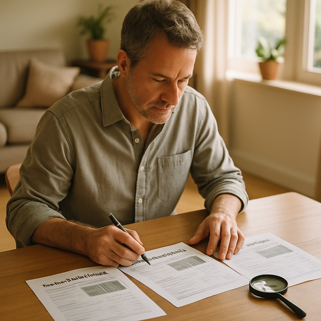 Solar Power Systems Carindale - A homeowner (male, mid-40s) sitting at his dining table with three different solar installation quotes spread out in front of him. He is holding a pen and looking thoughtfully at one of the quotes, with a magnifying glass nearby. The scene is well-lit and organized, conveying a sense of careful consideration.
