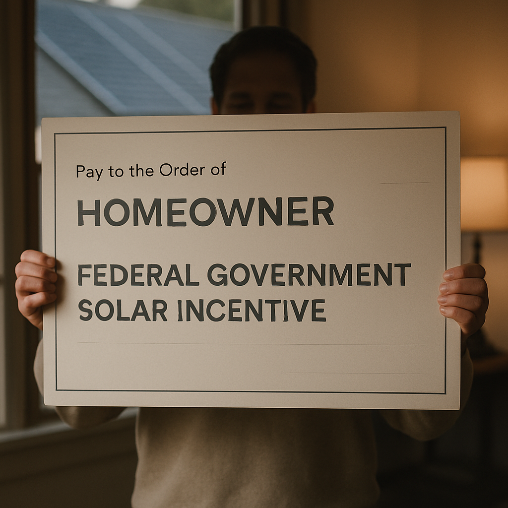 Solar Power Systems Carindale - A person holding a large novelty cheque made out to 'Homeowner' with 'Federal Government Solar Incentive' printed on it. The cheque is displayed prominently, with a background subtly showing solar panels on a roof. The focus is on the concept of receiving financial support for solar installation.