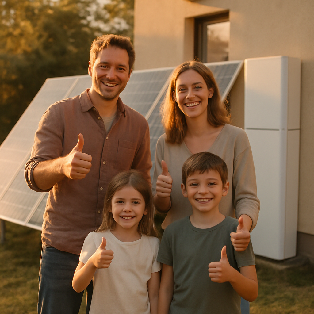 Cec-Approved Solar Battery Retailers Qld - A family (two adults, two children) is standing in front of their solar panels and battery, which have just been installed. They're all smiling and giving a thumbs up, signifying their satisfaction and trust in the system. The sun is shining, and the scene conveys a sense of optimism and energy independence.