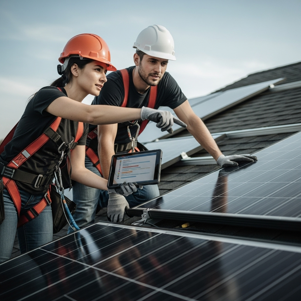Solar Battery Installers Fortitude Valley - Two solar panel installers, one male and one female, are on a roof working on a solar panel installation. They are both wearing safety gear and are focused on their work. One is pointing to a document displayed on a tablet, implying they are following a certified procedure or safety checklist.
