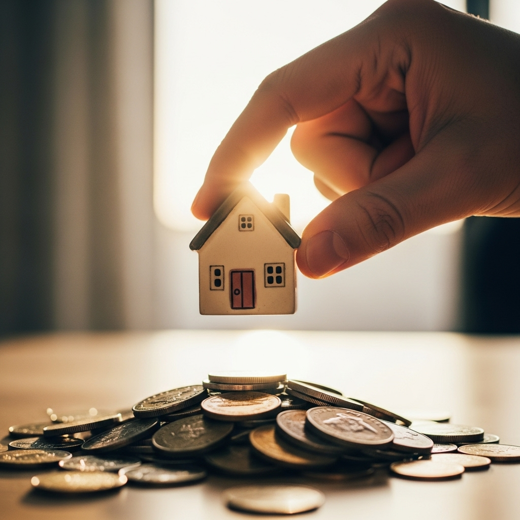 Solar Battery Installers Fortitude Valley - A hand holding a small, stylized model house over a larger pile of coins. A sunbeam is shining down on the model house, representing solar energy and government incentives. The scene suggests savings and investment.