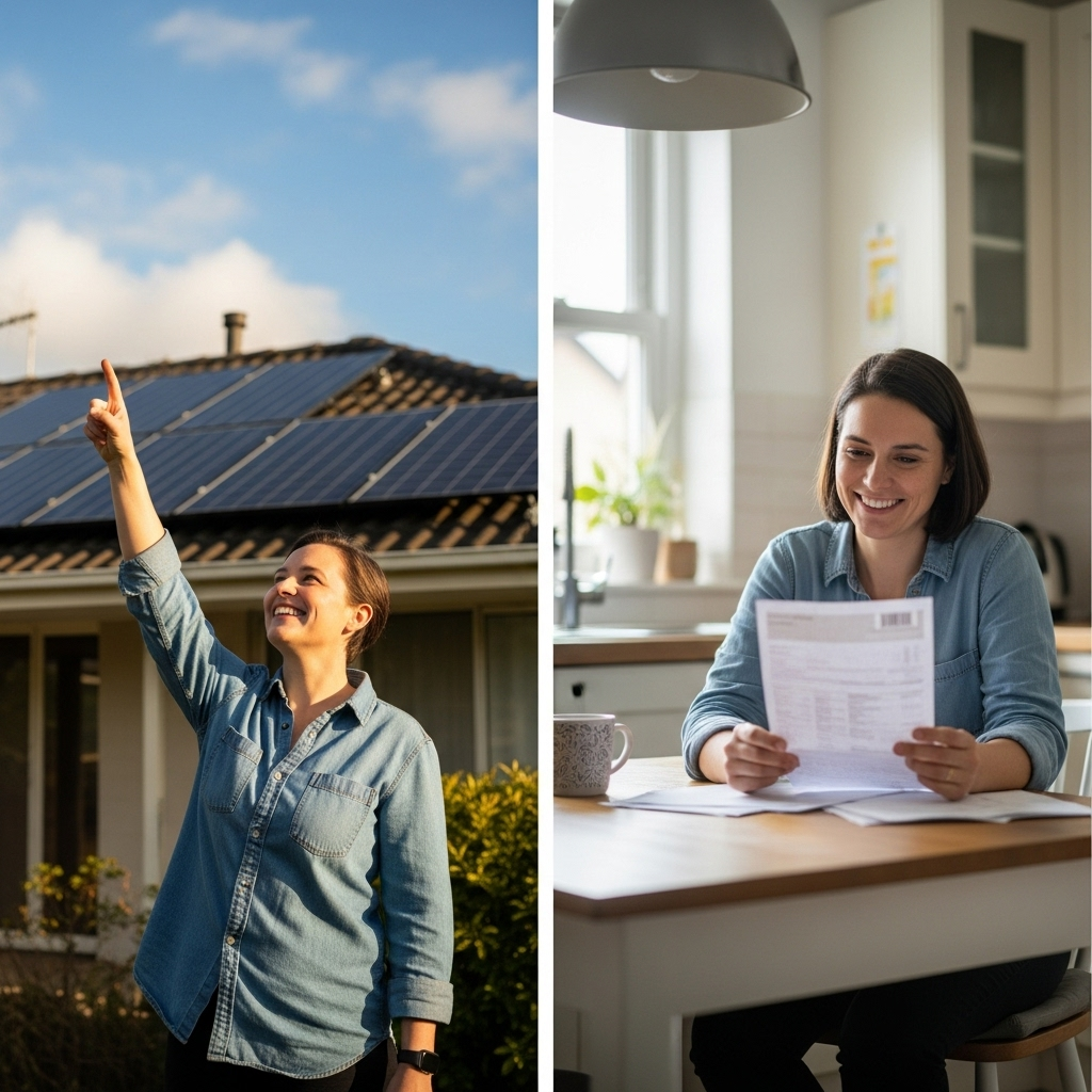 Solar Panel Deals Brisbane - A split image. On one side, a person is happily pointing to their new solar panels on their roof, basking in sunlight. On the other side, the same person is reviewing what looks like a utility bill with a big smile, looking satisfied with the savings. The split highlights the initial investment and the long-term benefits.