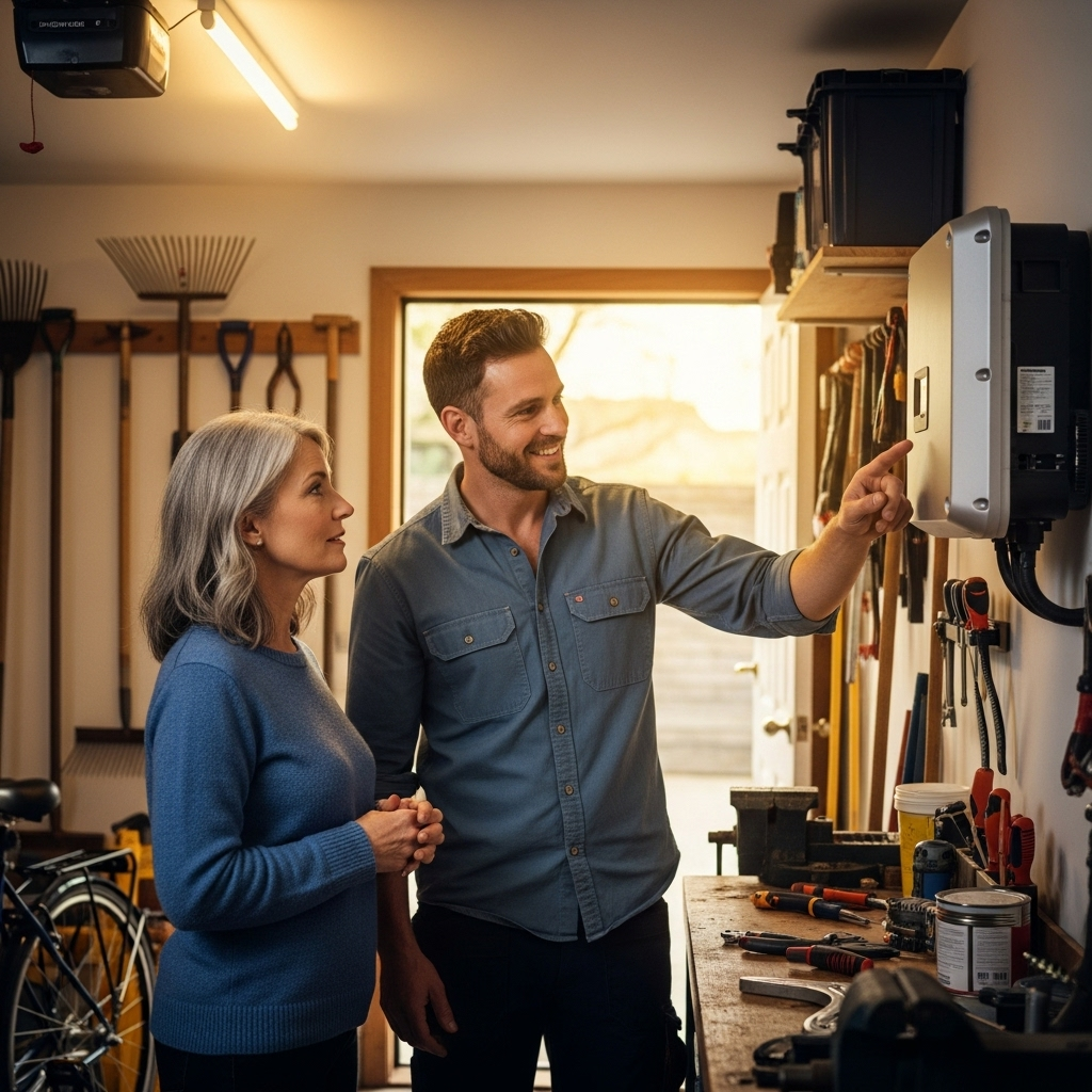 Solar Panel Deals Brisbane - A friendly, approachable solar installer, wearing clean work clothes, is pointing to a solar inverter mounted on a garage wall while explaining its features to a homeowner. The homeowner is attentively listening, conveying a sense of trust and understanding.