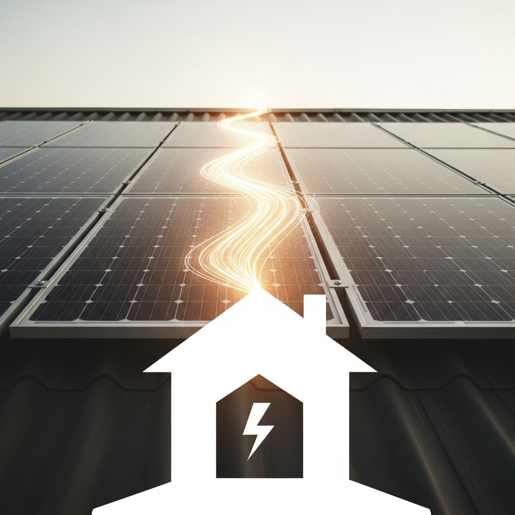 Best Solar Battery For Blackout Protection Brisbane - A shot of solar panels on a bright, sunny day, with a visual effect of energy flowing from the panels into a stylized representation of a home (abstracted shape, no specific architectural details) in the foreground. A subtle lightning bolt icon is also present, partially obscured, representing the blackout the solar power is preventing.
