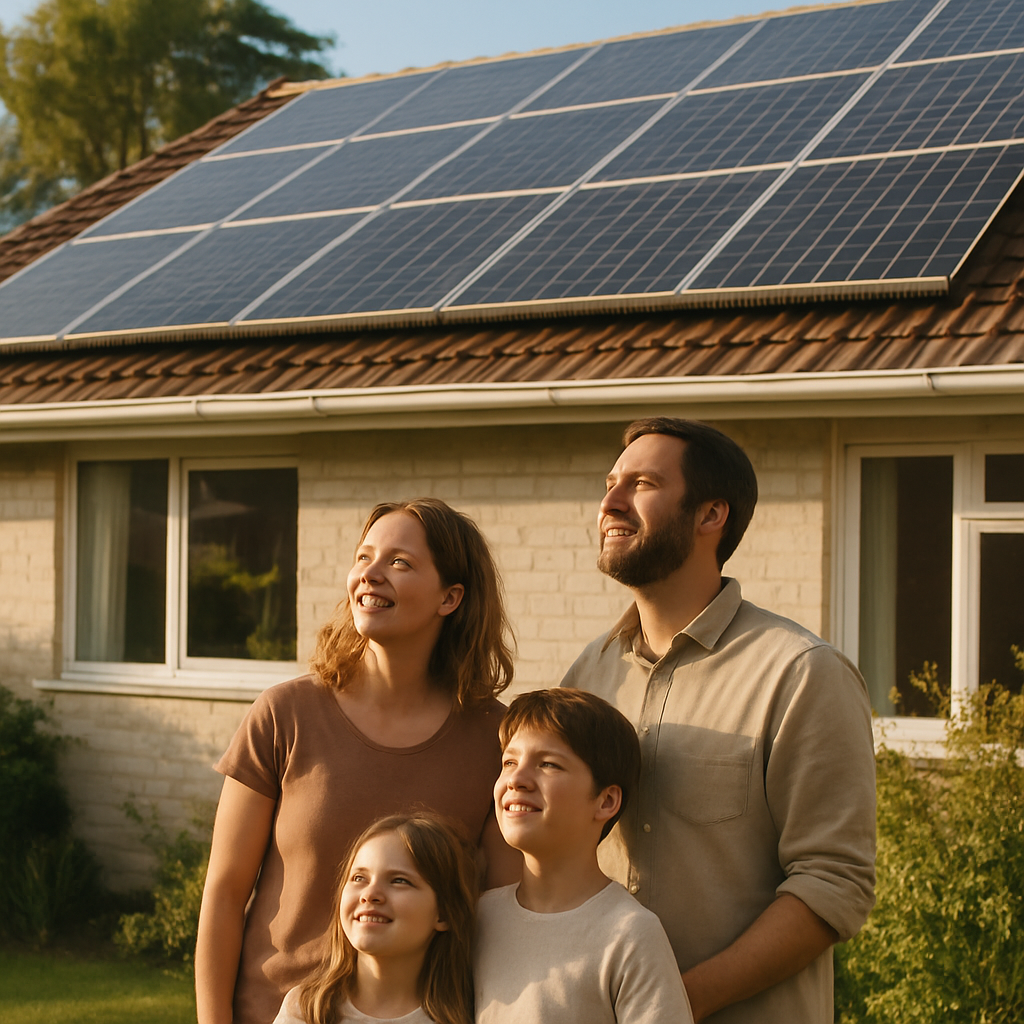 Solar Panel Bird Proofing Brisbane - A medium shot of a smiling family (two adults, two children) standing in their yard, looking up at their solar panels on the roof. The panels are clean and have bird proofing mesh installed. The feeling is one of pride and satisfaction.