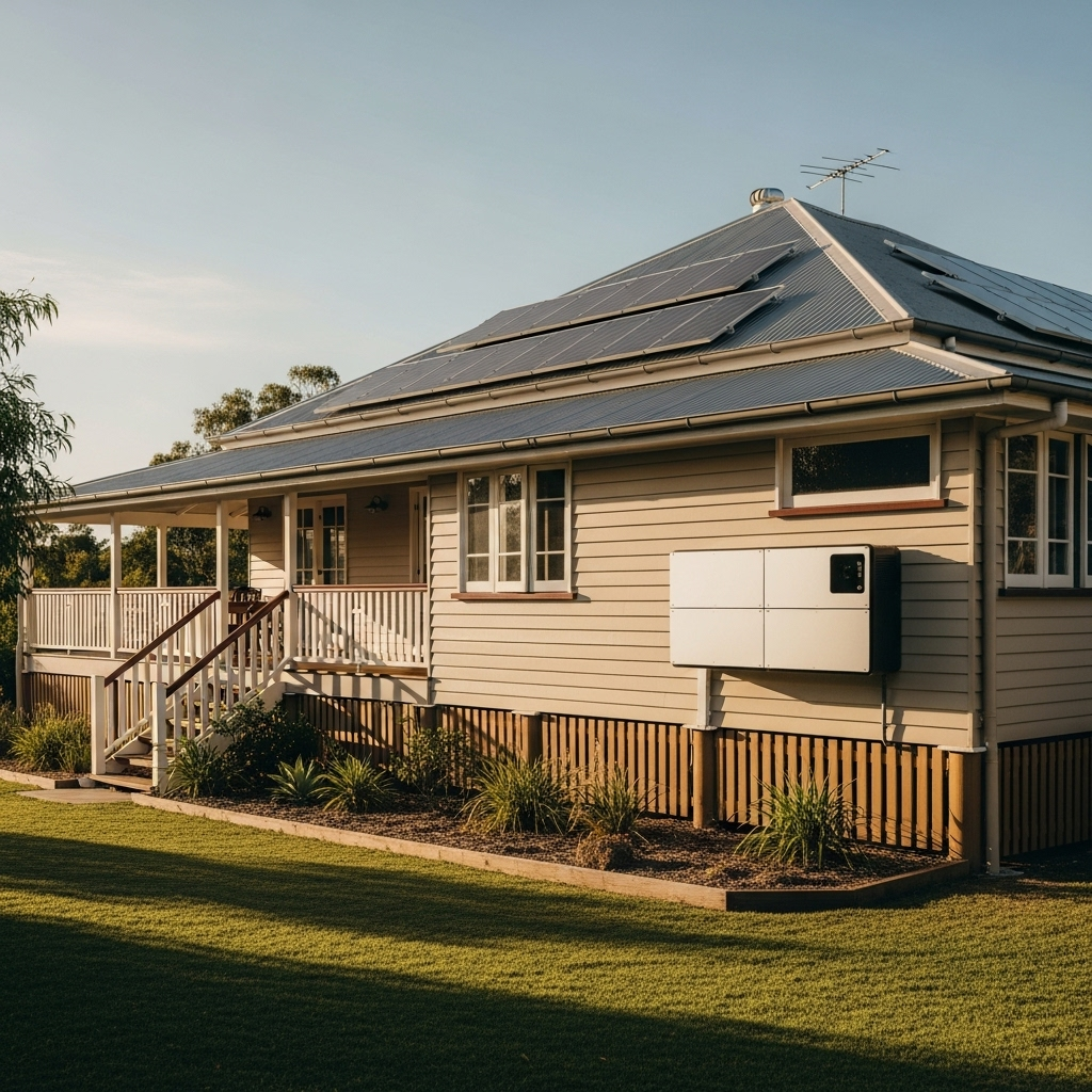 Queensland Solar Battery Rebate - A wide shot of a typical Queensland home on a sunny day. Prominently featured are the solar panels on the roof and a modern, sleek battery storage unit installed neatly on the exterior wall. The scene evokes a sense of clean energy and self-sufficiency.