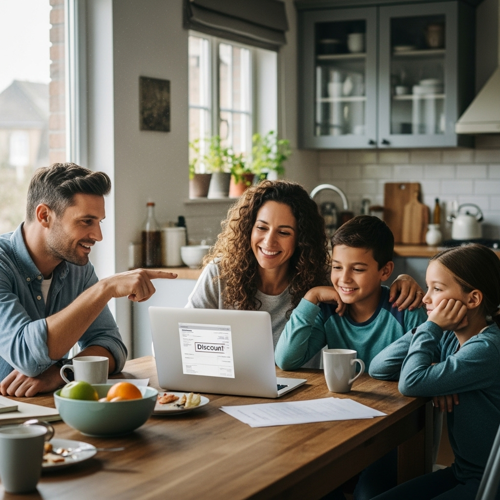 Queensland Solar Battery Rebate - A family is gathered around their kitchen table. The father is pointing to a laptop screen showing a stylised bill or invoice with a clearly marked 'Discount' section. The mood is positive, suggesting financial relief and empowerment.