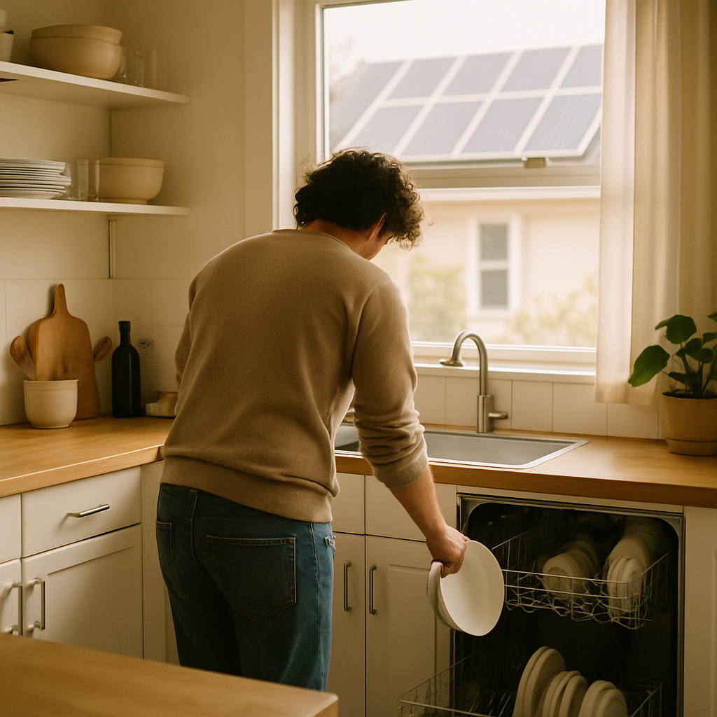 Solar Panel Payback Period Brisbane - A bright, airy kitchen during the daytime. A person is loading a dishwasher. Sunlight streams through the window, highlighting the solar panels visible on the roof outside. The scene emphasizes the positive and ordinary act of using energy during daylight hours.