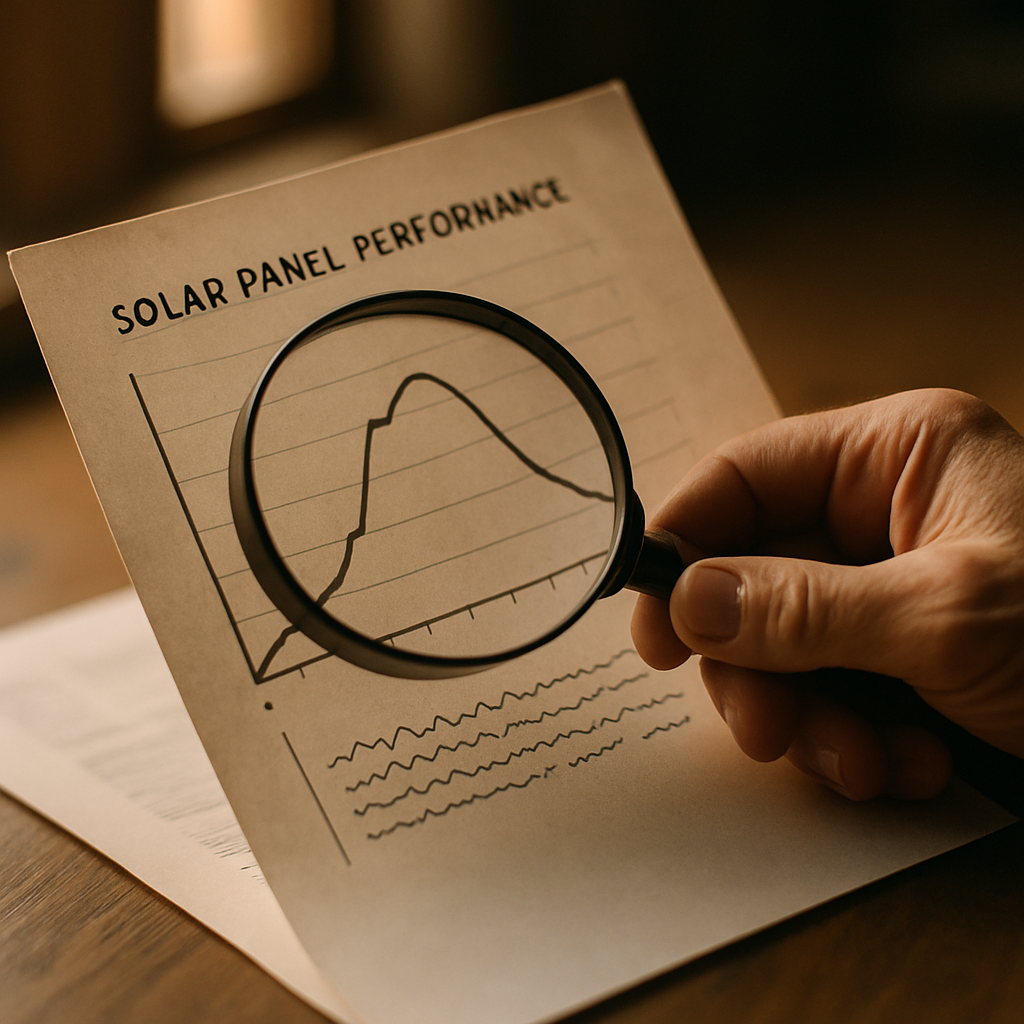Solar Panel Warranty Comparison Australia - A hand holding a magnifying glass over a document that has a stylized and illegible graph representing solar panel performance over time. The light is warm and highlights the importance of the document.