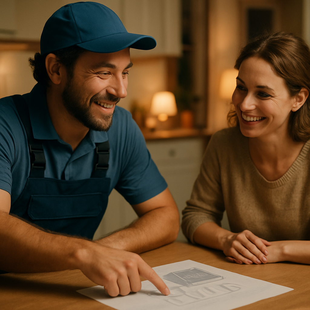 Solar Quotes Brisbane - A friendly solar installer is sitting at a kitchen table with a homeowner (a woman), reviewing plans for a solar panel installation. The installer is pointing at a house blueprint, explaining the system design. Both are smiling and engaged in the conversation.