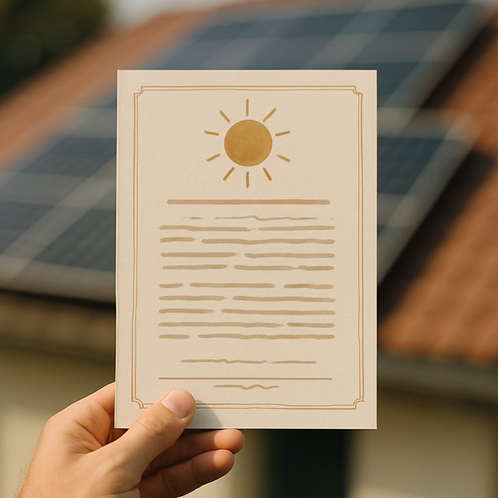 Solar Quotes Brisbane - An image of a hand holding a stylised 'certificate' with a sun icon. The certificate looks important but the text is illegible. In the background, there is a subtle blurred image of solar panels on a roof.