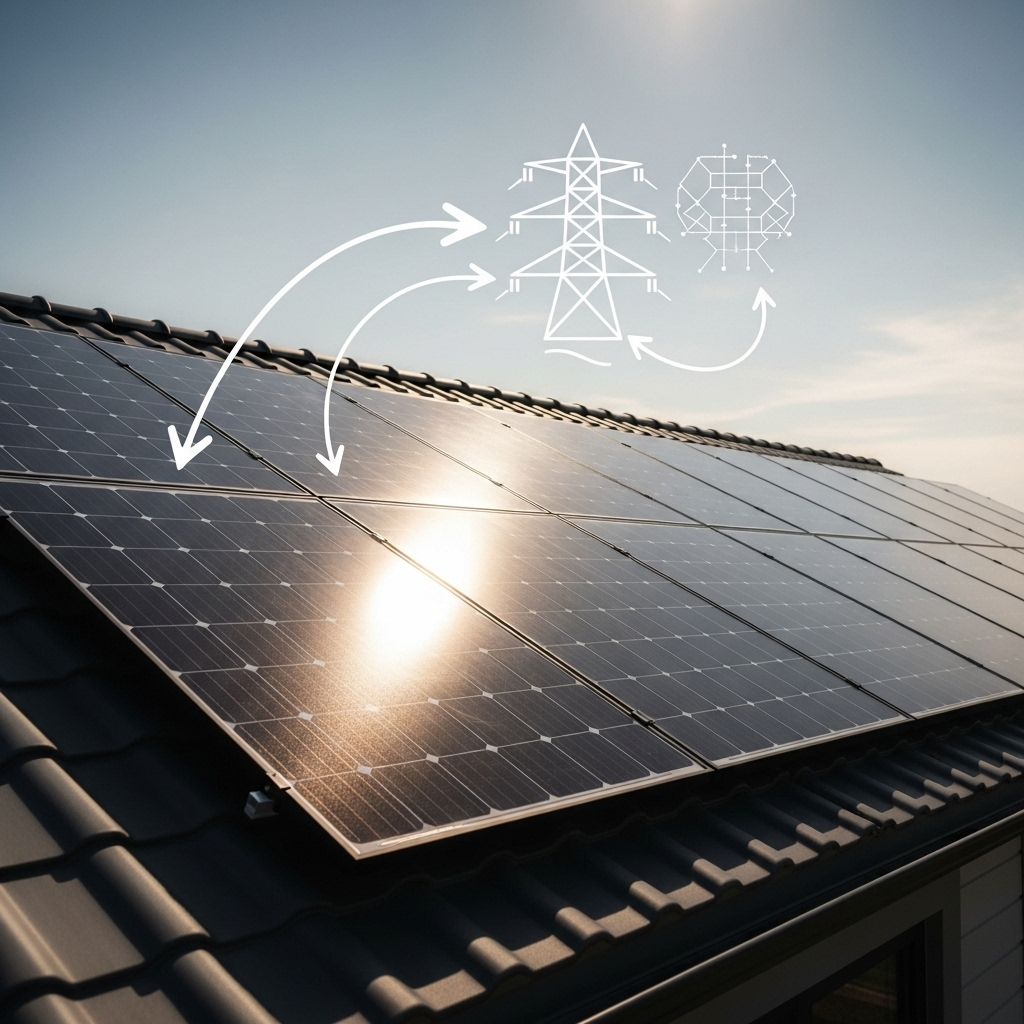 Solar System For A 4-Bedroom House Brisbane - An upward shot of modern solar panels on a residential roof, with sunlight glinting off their surface. Above the panels, a stylized illustration shows arrows representing electricity flowing bidirectionally between the solar panels and a simplified power grid symbol. The image emphasizes the connection and flow of energy.