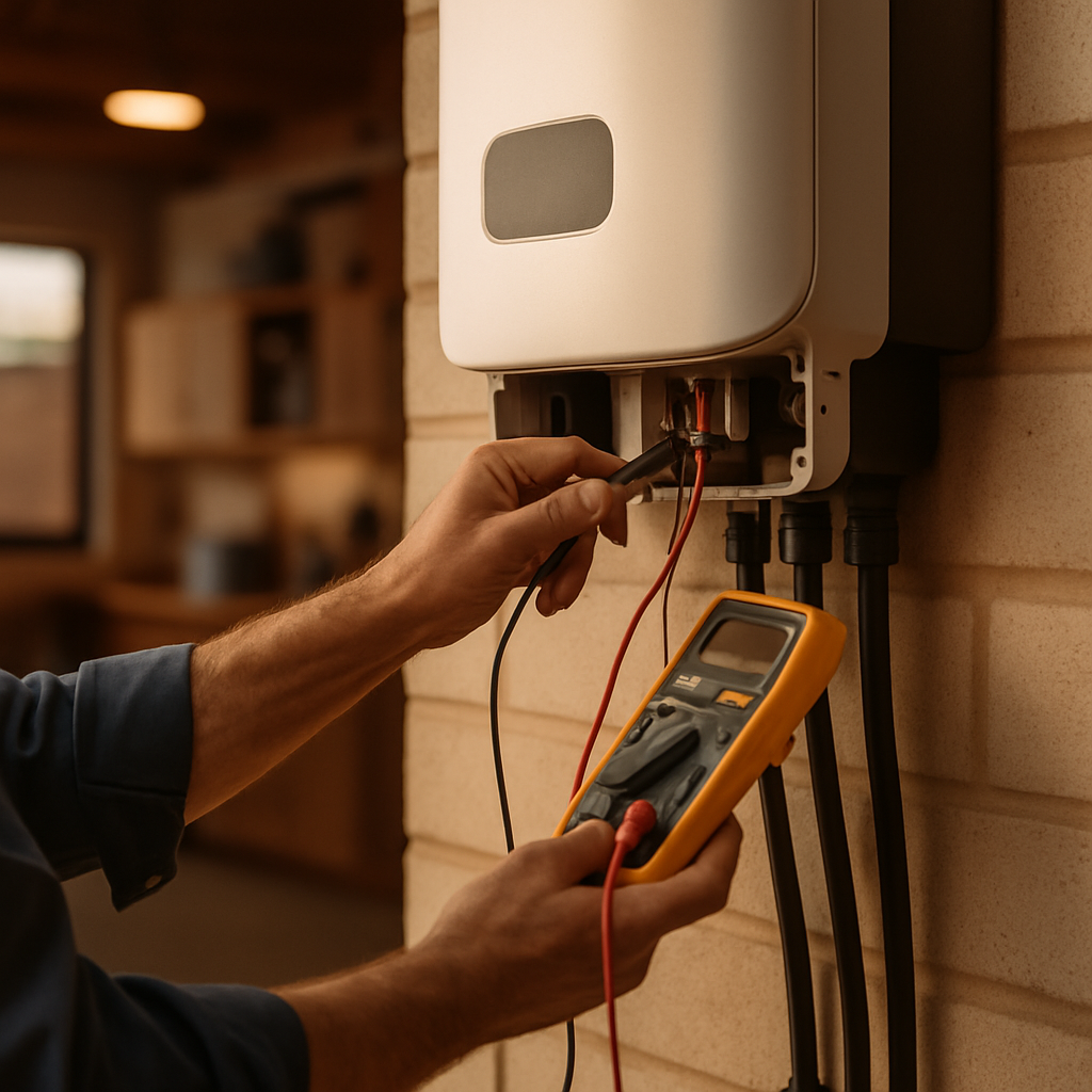 Solar System Upgrade Cost Estimator Qld - A close-up shot of an electrician's hands carefully working on an inverter mounted on a garage wall. The setting is tidy and professional. He is using a multimeter, suggesting a diagnostic check. The focus is on the skilled work involved in maintaining the system.