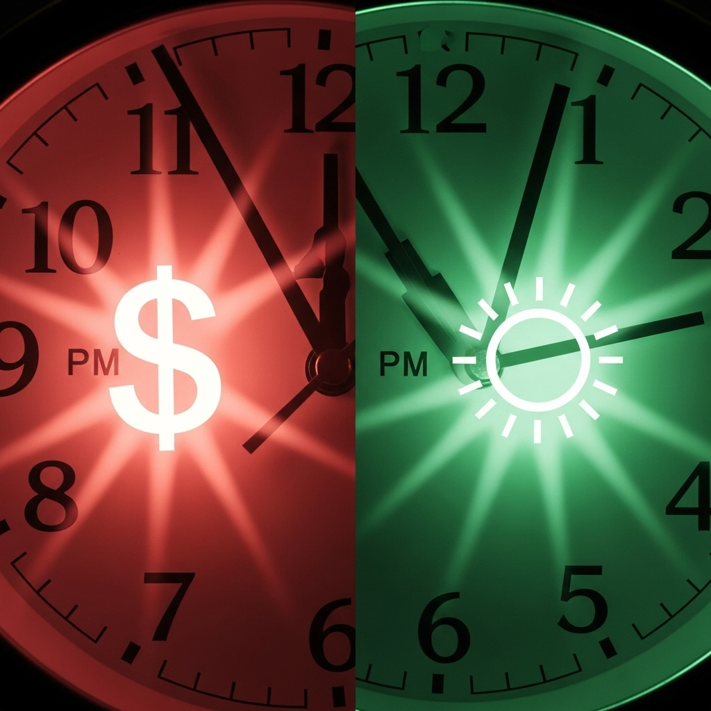 What Size Solar Battery Do I Need For My Home - A split image. On one side, a clock showing 7 PM (peak electricity usage time) with a dollar sign overlaid, radiating red. On the other side, a similar clock also showing 7 PM but overlaid with a sun icon and radiating green. The image represents the choice between expensive grid power and stored solar energy.