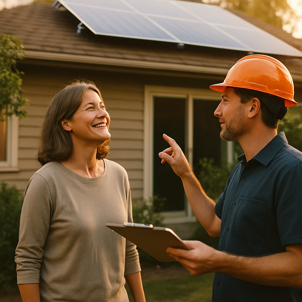 Solar Company Ashgrove - A homeowner (woman, 40s) is standing in her backyard, looking up at her newly installed solar panels on the roof. She is smiling and talking with a solar installer (man, 40s) who is holding a clipboard and pointing to the panels while explaining something. There is a sense of trust and satisfaction between them.