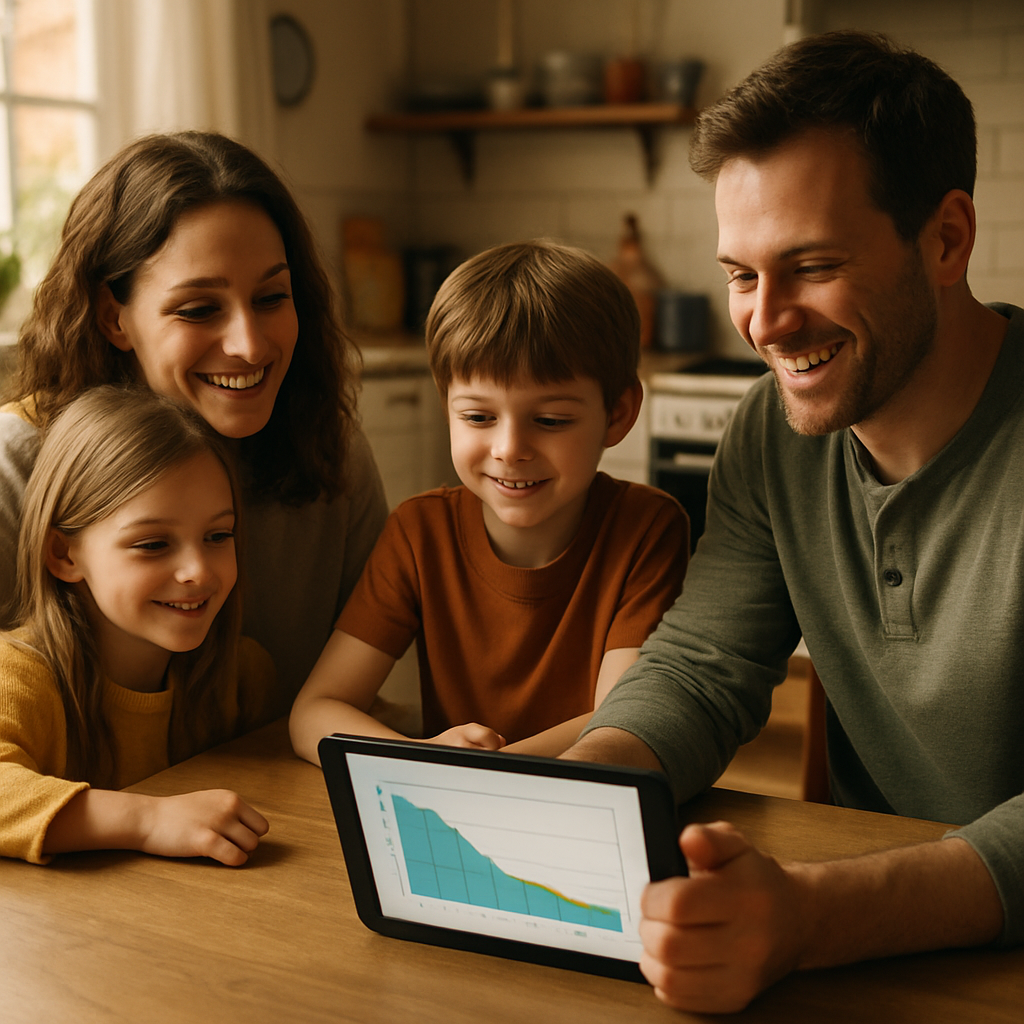 Hybrid Inverter Vs Microinverters - A family (two parents, two young children) are gathered around a kitchen table, looking happily at a tablet. The tablet displays a simplified, colorful graph showing a significant decrease in energy costs. The atmosphere is warm and optimistic, showcasing the positive impact of solar energy.