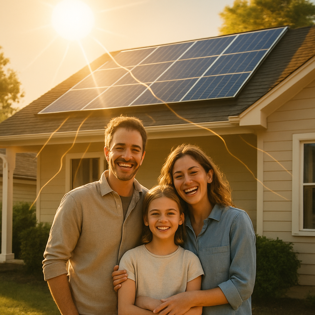 Solar Panel Installation Holland Park - A visual metaphor showing a happy family (two parents, one child) standing in front of their house with a visible solar panel installation. Above them, the sun shines brightly and stylized lines radiate from the panels towards the house, representing clean energy flowing into their home. The overall feeling is positive and empowering.