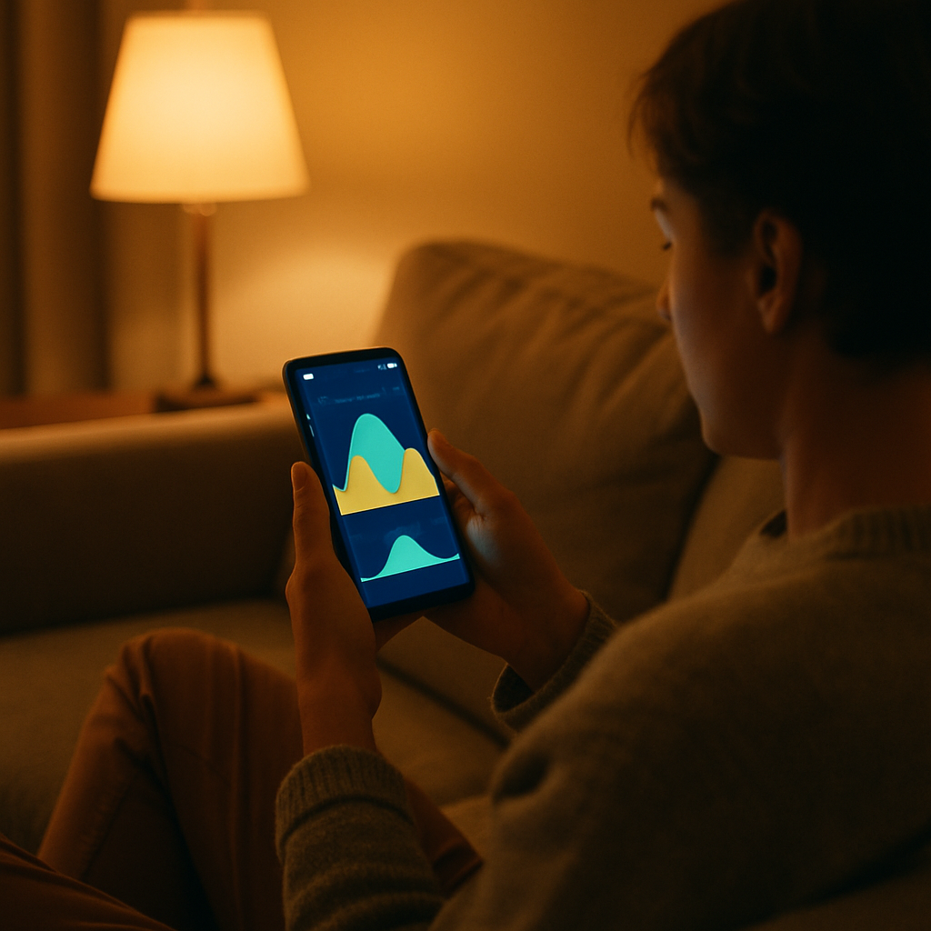 Tesla Powerwall Vs Sungrow Battery Comparison - A person sitting comfortably on their couch, illuminated by the warm glow of a nearby lamp in the evening. They are casually looking at a smartphone displaying a simplified, colourful graph of energy consumption and generation. The focus is on the ease and convenience of home energy monitoring.