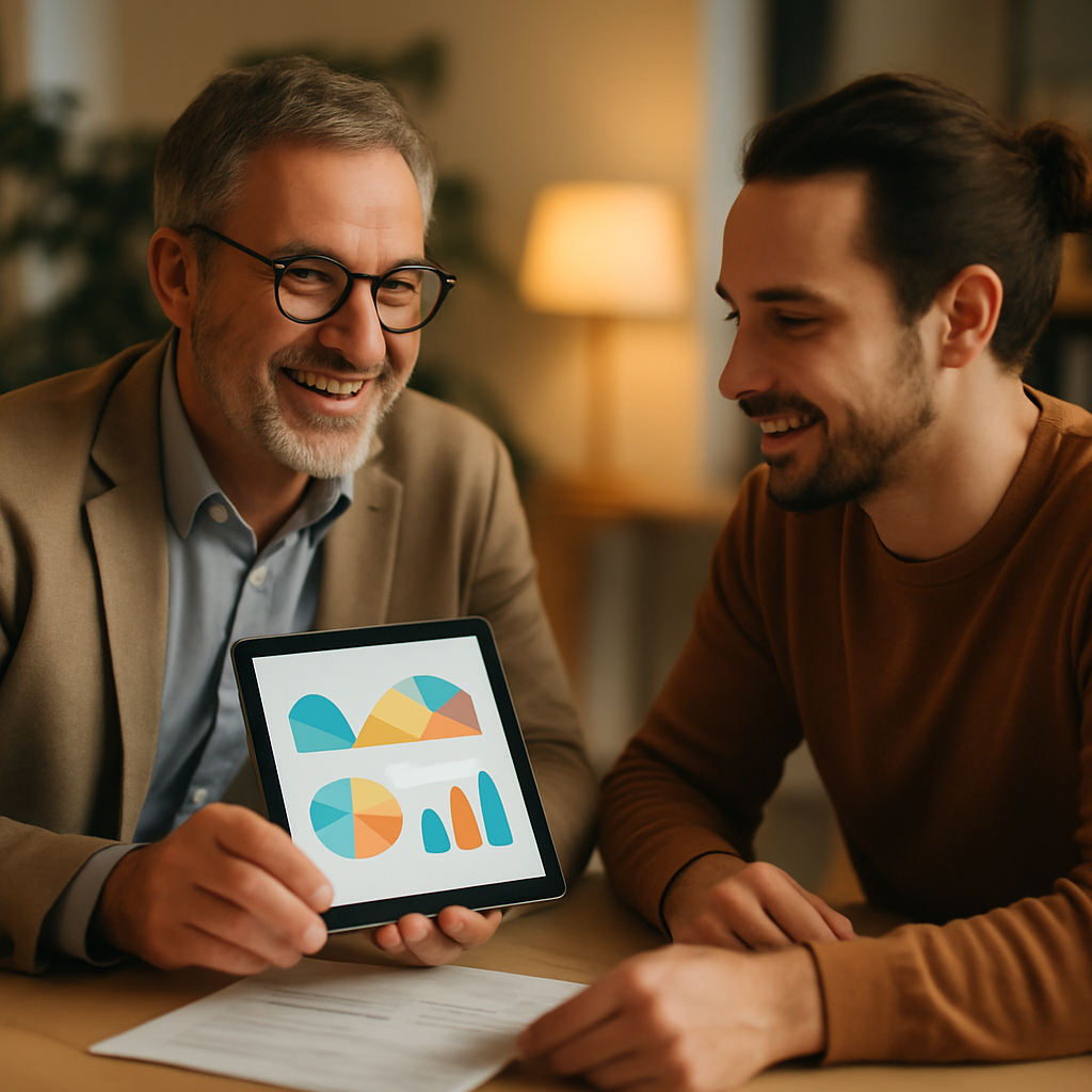 Commercial Solar Panels Brisbane - A friendly accountant or business advisor sits at a desk in a well-lit office, reviewing energy bills with a small business owner. They are both looking at a tablet displaying stylized graphs of energy consumption data. The atmosphere is collaborative and reassuring.