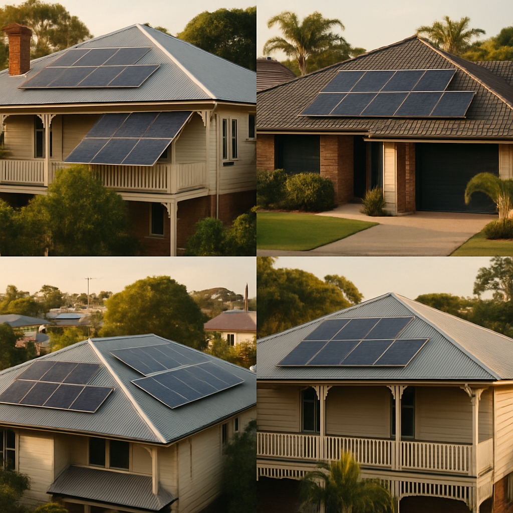 Solar Installers Brisbane - A collage showcasing several snapshots depicting different Brisbane homes, each adorned with solar panels. The panels should look modern and well-installed, reflecting a variety of architectural styles and settings.