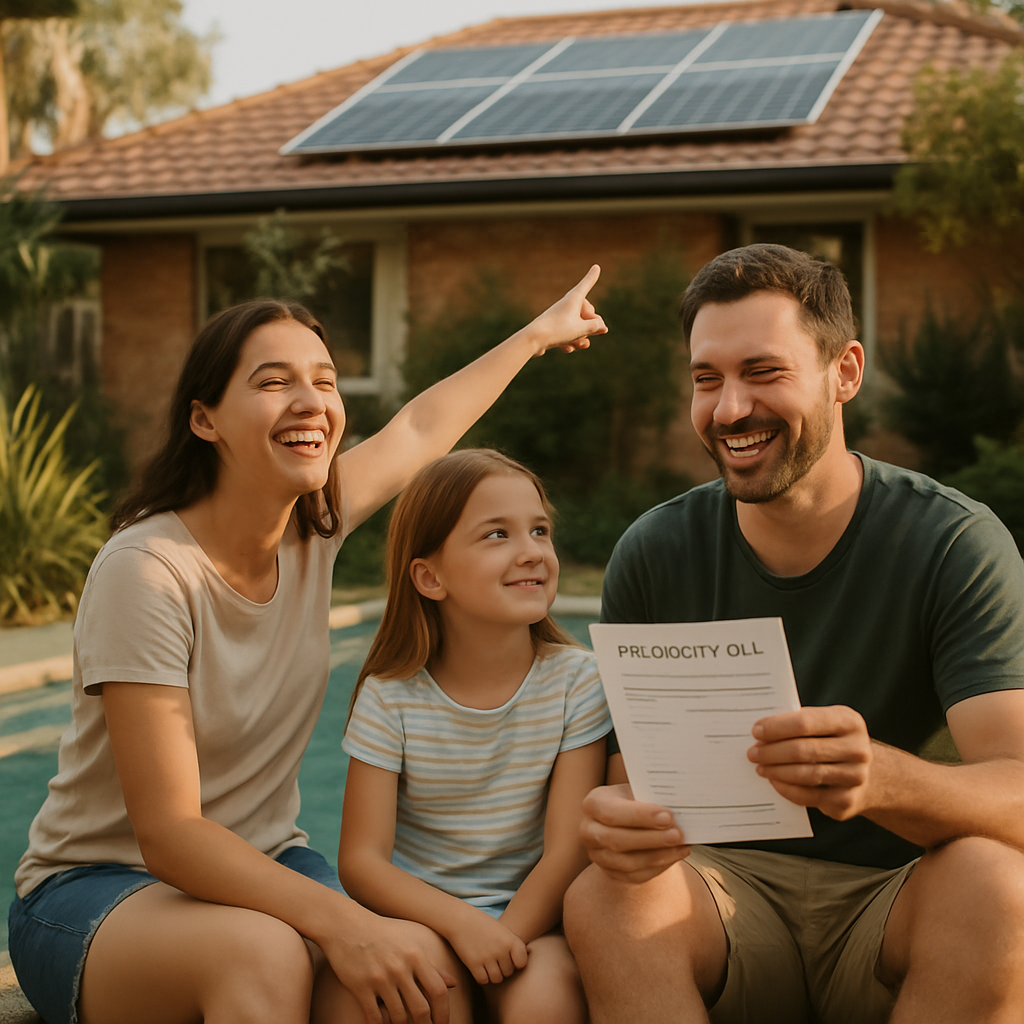 Solar System For Pool Brisbane - An image depicting a family in their backyard, relaxing near their pool. The mother is pointing towards the solar panels on the roof, while the father is holding a noticeably lower electricity bill, and both are smiling. The scene conveys a sense of financial relief and satisfaction with their solar investment. Focus on genuine emotion and a relatable family dynamic.