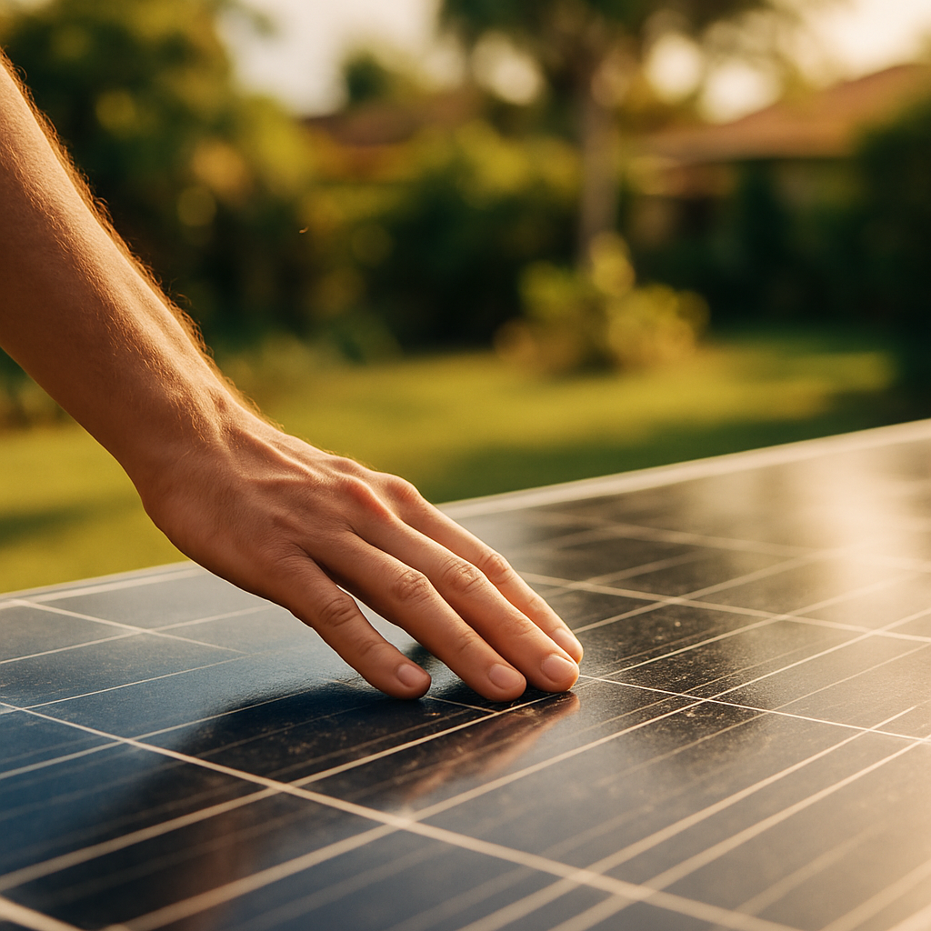 Best Solar Panels For Queensland Heat - A close-up shot of a hand gently touching the surface of a solar panel on a sunny day. The panel appears to be shimmering slightly from the heat. The background is blurred but shows a typical Queensland backyard.
