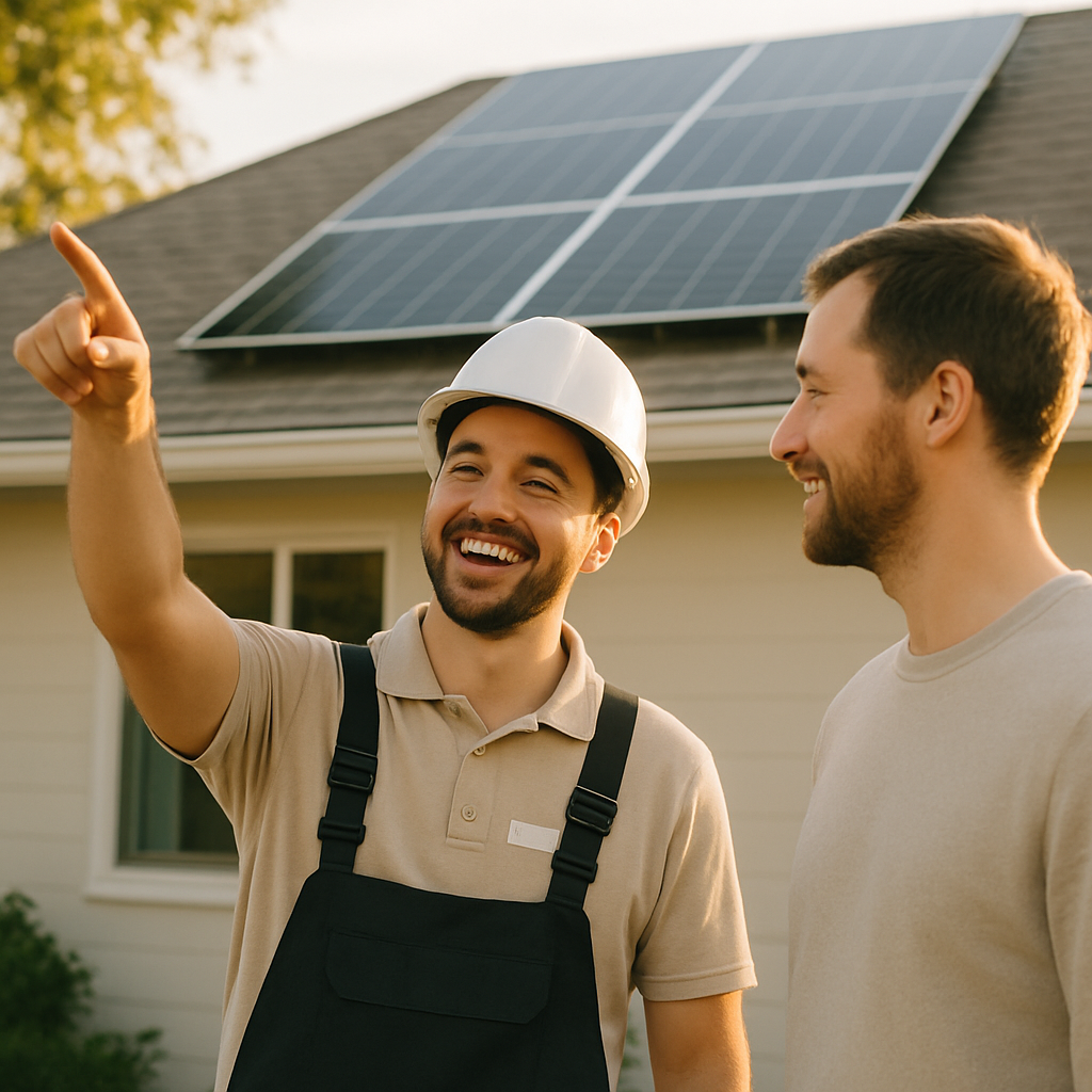 Best Solar Panels For Queensland Heat - A smiling, accredited solar installer is pointing at a newly installed solar panel system on a residential roof, explaining the features to a homeowner standing beside him. The focus is on the collaboration and expertise.