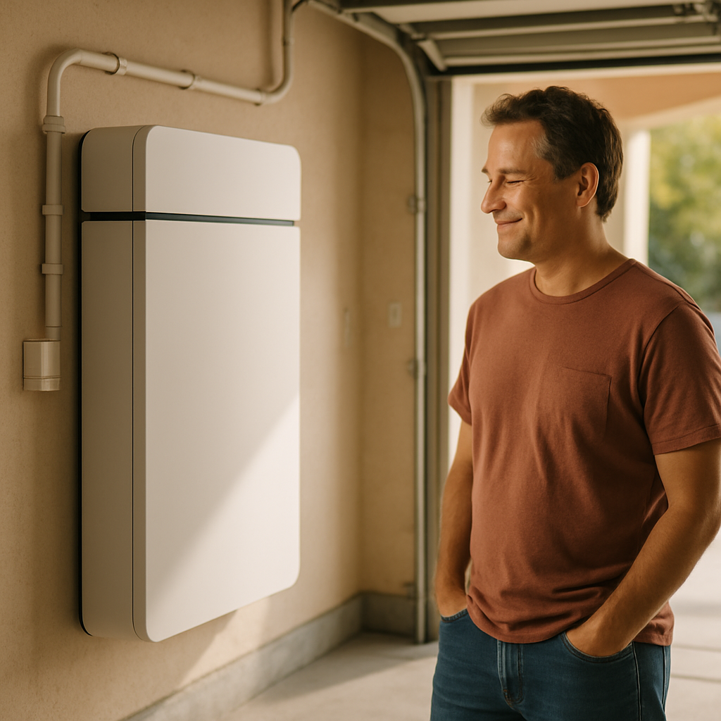 Interest-Free Loans For Solar Batteries Qld - A homeowner is shown looking at a sleek, modern home battery system installed in their garage. The system is clean and visually appealing. Sunlight streams into the garage from an open door, highlighting the system. They are smiling with satisfaction.