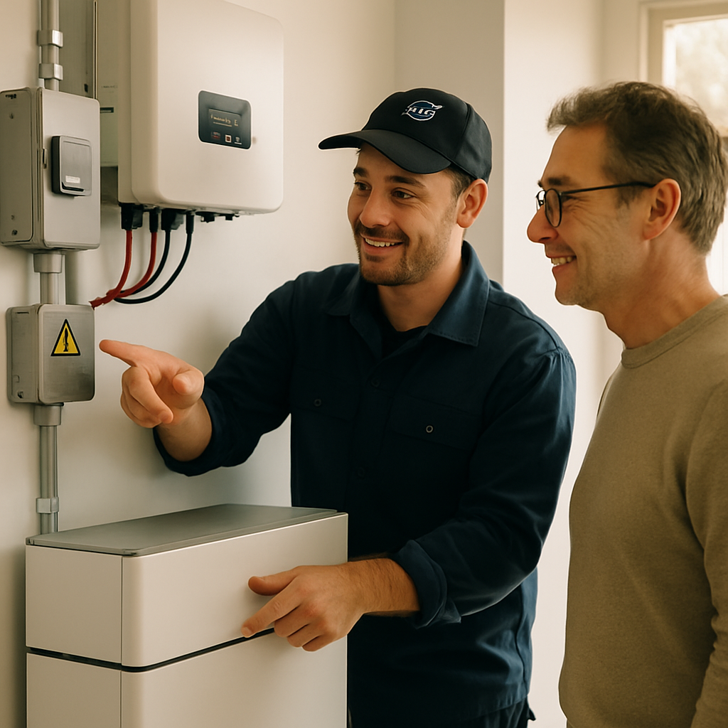 Interest-Free Loans For Solar Batteries Qld - A friendly SAA-accredited installer is shown explaining the components of a solar battery system to a homeowner. They are both looking at the system, and the homeowner appears engaged and understanding. The scene takes place in a clean, well-lit environment.