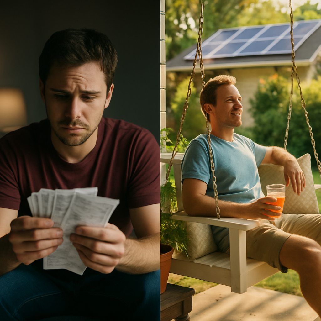 No Deposit Solar Finance Brisbane - A split image. On one side, a slightly stressed-looking person is holding a pile of bills. On the other side, a relaxed person is sitting on their porch swing, holding a refreshing drink, with a subtle hint of solar panels on the roof visible in the background. The contrast represents the before-and-after of solar savings.