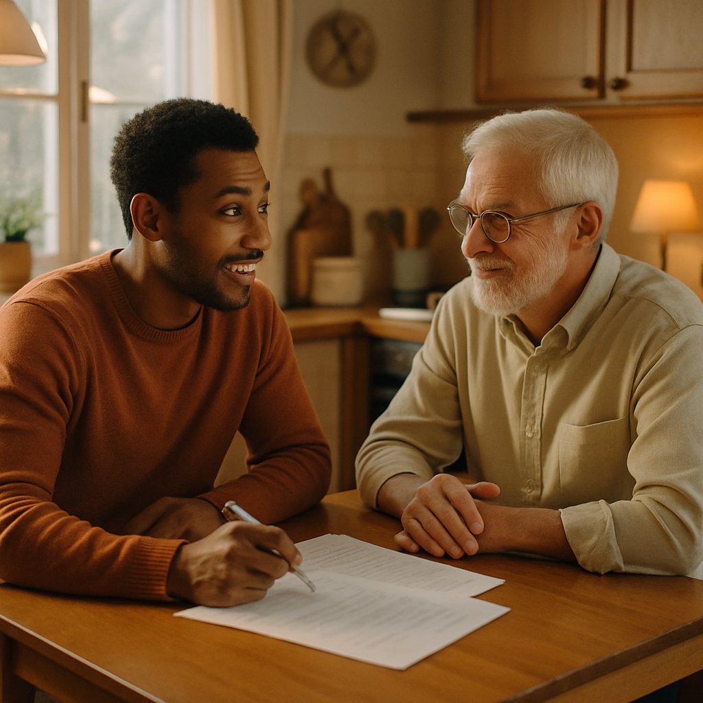 Solar For Rental Properties Qld Laws - A tenant and landlord are sitting at a kitchen table, reviewing documents and discussing a proposal. The atmosphere is collaborative and positive. Sunlight streams through the window, illuminating the scene and highlighting the potential benefits of their discussion. The landlord appears to be listening attentively to the tenant's proposal.
