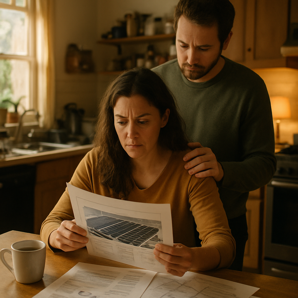 Body Corporate Solar Panel Rules Qld - A woman is sitting at her kitchen table, reviewing documents related to solar panel installation. She looks determined and focused, but also slightly overwhelmed. Her partner stands behind her, placing a reassuring hand on her shoulder. A cup of coffee and a pen are on the table, suggesting a working session.