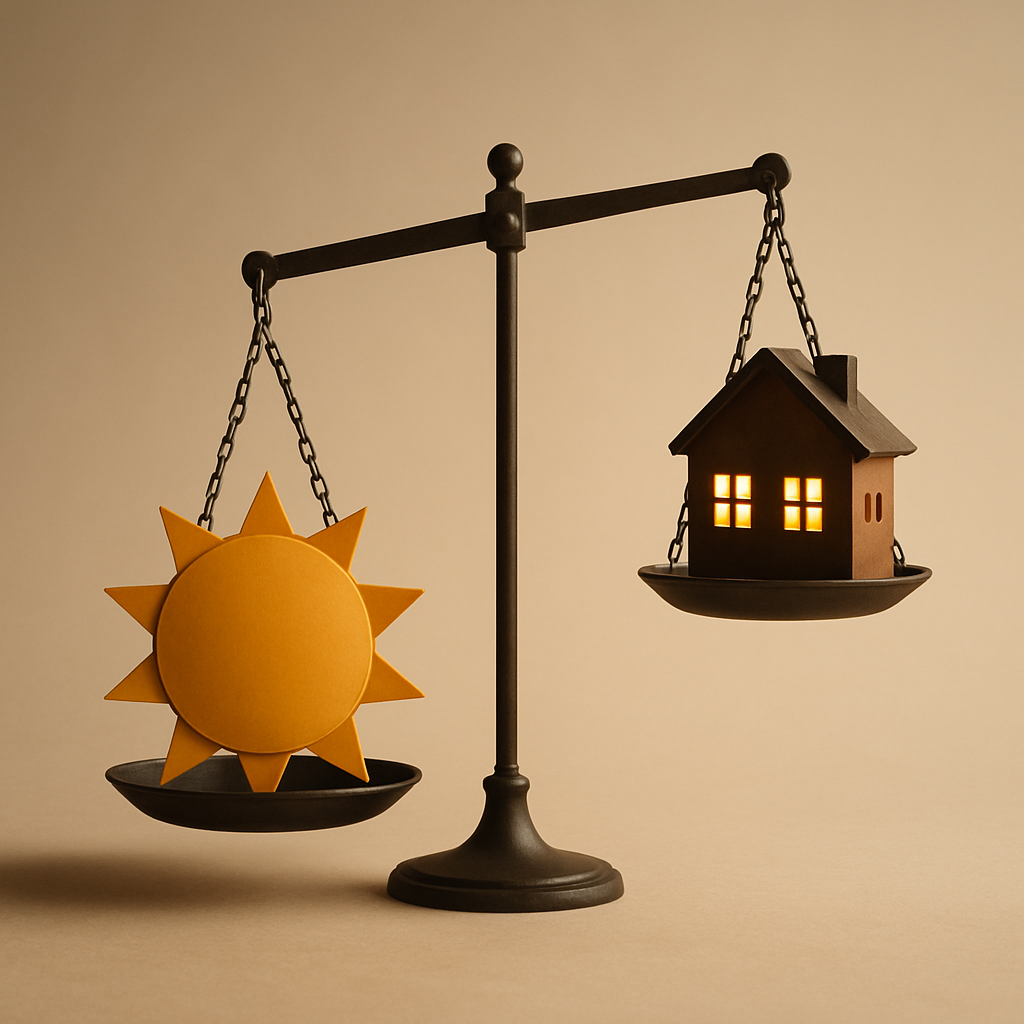 Compare Solar Feed In Tariffs - Two scales are shown. One scale has a large, stylized sun on it, tipping the scale downwards. The other scale has a stylized house with lights on, representing energy usage, and it's lifted high in the air. The visual represents the imbalance between a high feed-in tariff and high energy usage costs. The background is a soft, neutral gradient.