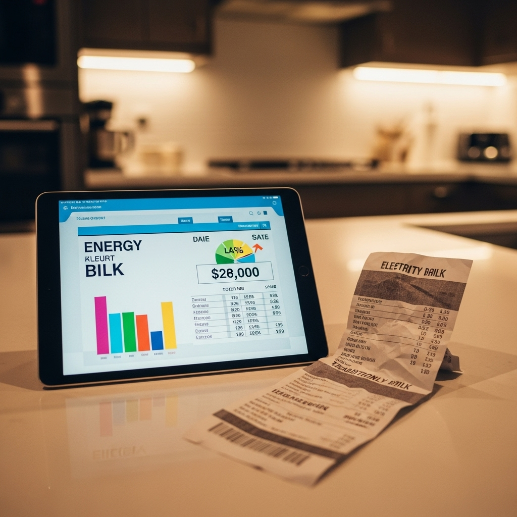 Lg Solar Battery Installers Near Me - An image showing a stylized electricity bill on a tablet or laptop screen, with a significantly lower amount due compared to a traditionally high bill. The background suggests a comfortable and modern kitchen setting.
