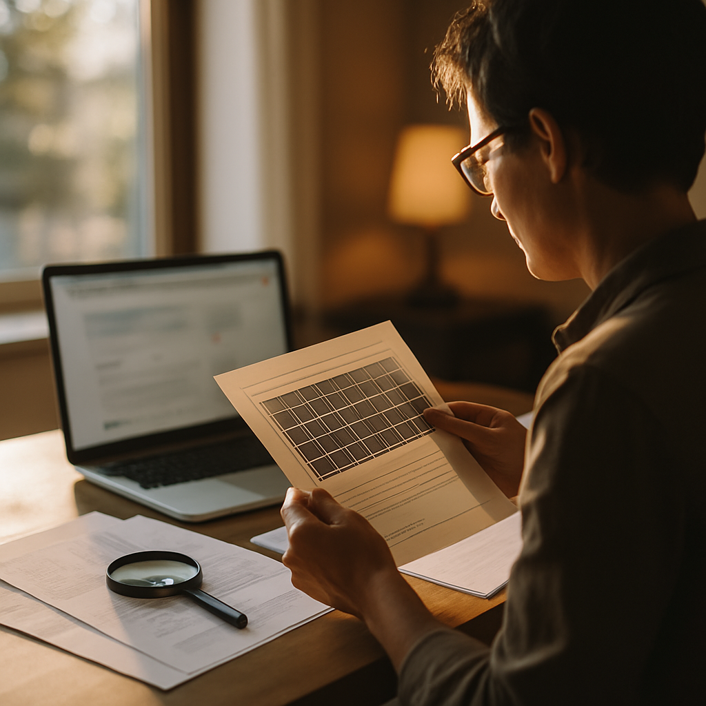 Cec Accredited Installers Brisbane - A person sitting at a desk, illuminated by sunlight streaming through a window, carefully reviews documents related to solar installation. They are using a laptop, and a magnifying glass rests on top of one of the papers, emphasizing careful inspection and verification. The screen displays a blurred website interface without logos or legible text.