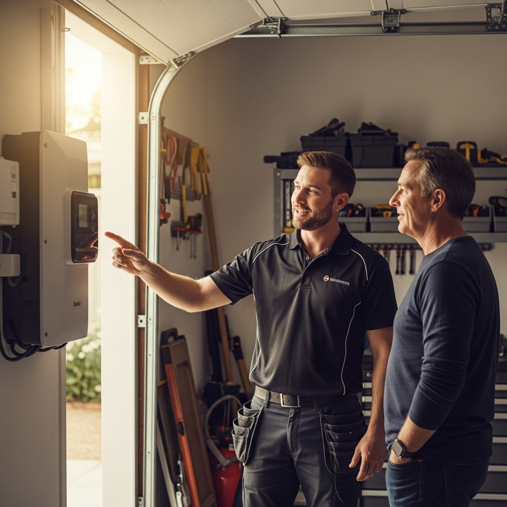 Enphase Battery Cost Brisbane - A friendly, qualified electrician is shown explaining something to a homeowner next to a newly installed home battery system in a garage. The system is clean and modern. The electrician is pointing at the system while the homeowner listens attentively, conveying trust and expertise. The garage is well-lit and organized.