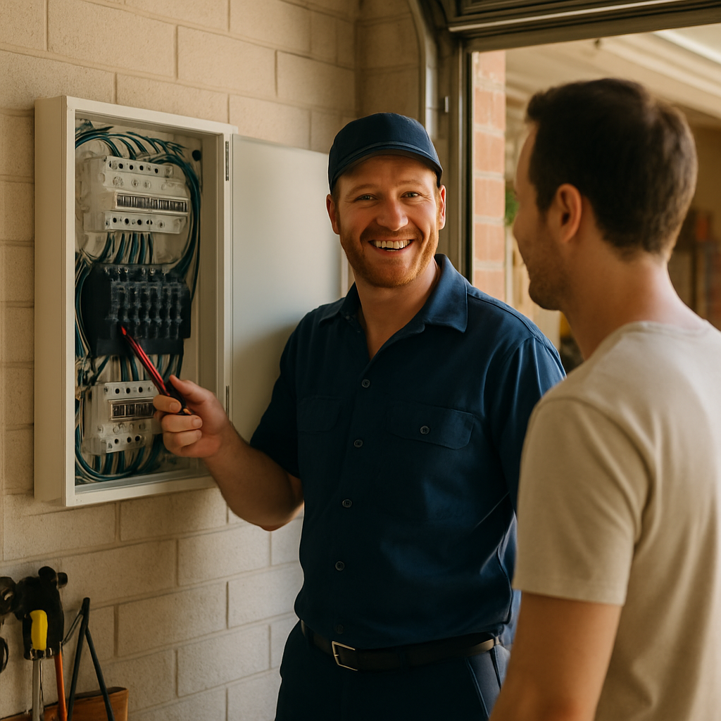 Solar Inverter Replacement Cost Brisbane - A friendly electrician in work clothes standing next to an open electrical panel, smiling and explaining something to a homeowner. The electrician is pointing towards the components inside the panel. The scene should be well-lit and safe-looking.