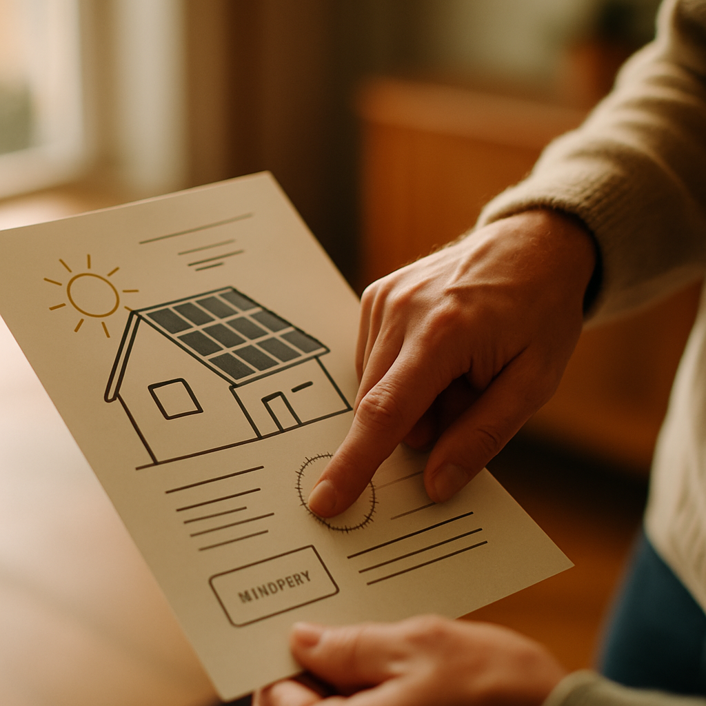 Trina Solar Panels Review Australia - A close-up shot of a homeowner's hand pointing to a section of a solar panel installation diagram or brochure. The focus is on the 'value for money' aspect; the hand could be circling a price or highlighting a warranty detail. The brochure features stylized, illegible diagrams and text.