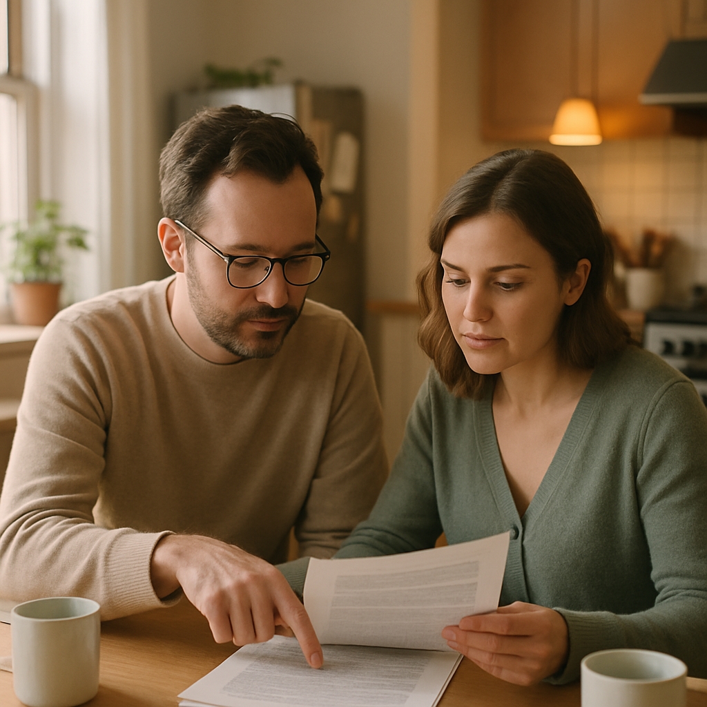 Trina Solar Panels Review Australia - Two homeowners, a man and a woman, are sitting at their kitchen table, reviewing documents (stylized and illegible). One is pointing to a clause within the document. The image conveys a sense of security and assurance.
