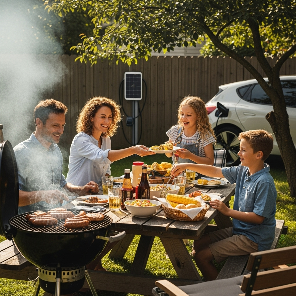 Solar Panel And Ev Charger Installation Cost Qld - A happy family (two parents, two children) are gathered around an outdoor table in their backyard, having a BBQ. They are all smiling and relaxed. In the background, a solar-powered EV charger is visible, subtly suggesting the source of their savings and positive mood.