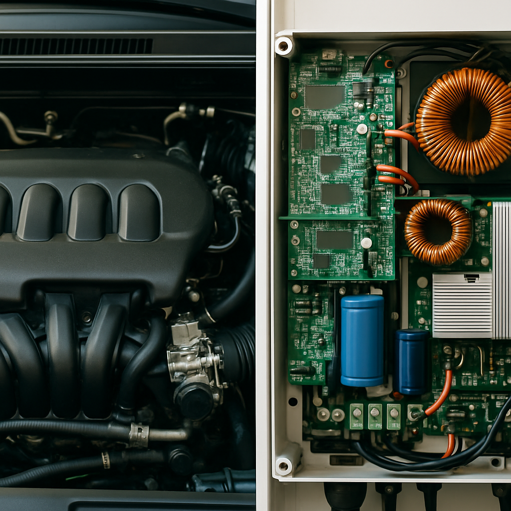 Sungrow Inverter Price Brisbane - A split image. On one side, a clean and modern car engine is displayed. On the other side, the internal components of a solar inverter are shown with clear labels. The purpose is to draw a parallel between the core components of both devices. Focus on clarity and precision rather than stylistic design.