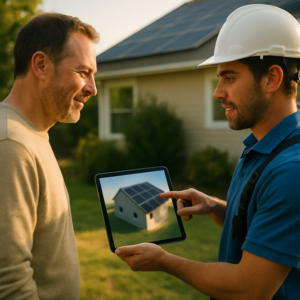 Solar Quotes Battery Comparison - Two people (a homeowner and a solar installer) are looking at a tablet displaying a 3D model of the homeowner's house with solar panels on the roof. The installer is pointing to the screen, explaining something. The homeowner is nodding attentively. The scene takes place outdoors, next to the house in question on a sunny day.