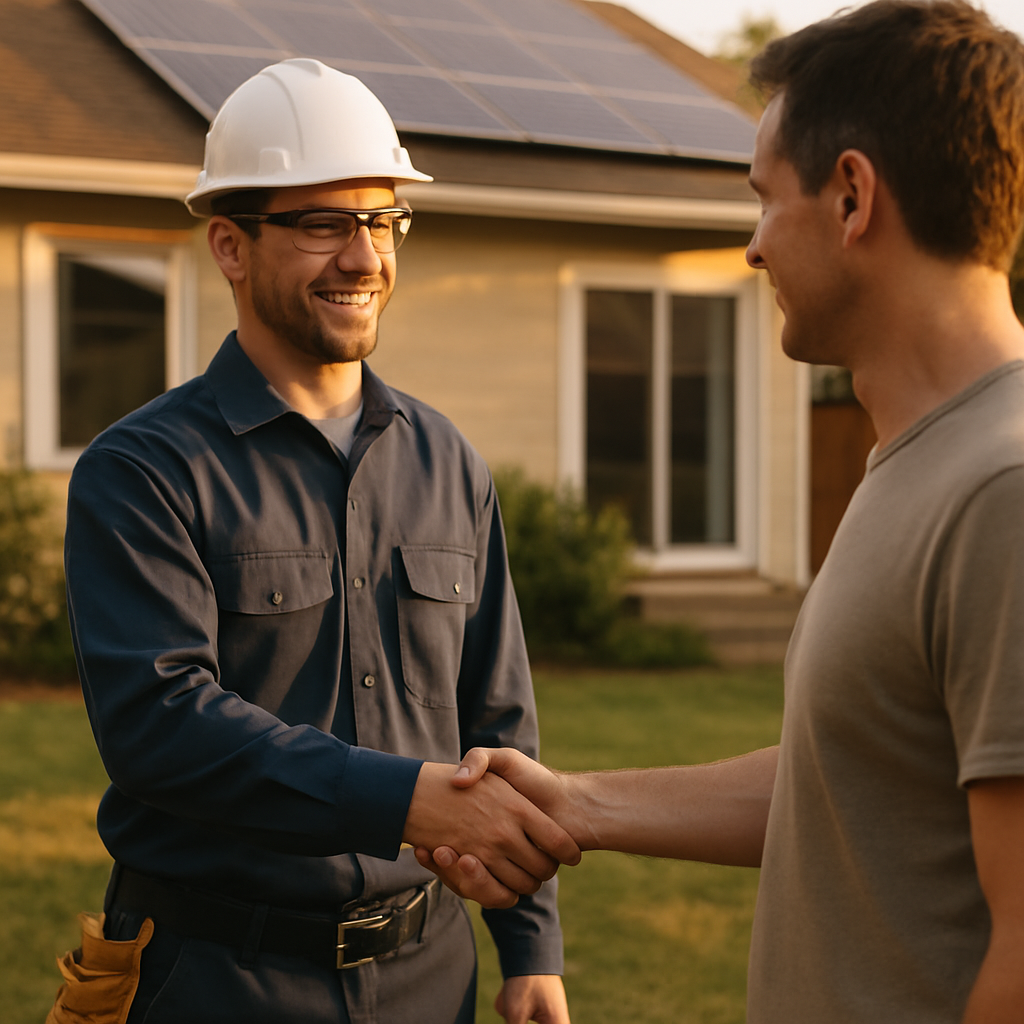 Emergency Solar System Repair Brisbane - A friendly, qualified solar electrician, wearing clean work clothes and safety glasses, shaking hands with a homeowner in their backyard. Solar panels are visible on the roof of the house in the background. The scene conveys trust and expertise.