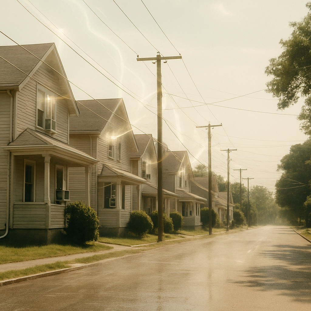 Virtual Power Plant Qld - A residential street scene on a very sunny day. Heat haze is visible, and several houses have air conditioners running. A faint overlay suggests energy flowing *from* the houses *to* the power lines above, conveying the idea of distributed energy contributing to the grid. It’s subtly implied, not a literal visual effect.