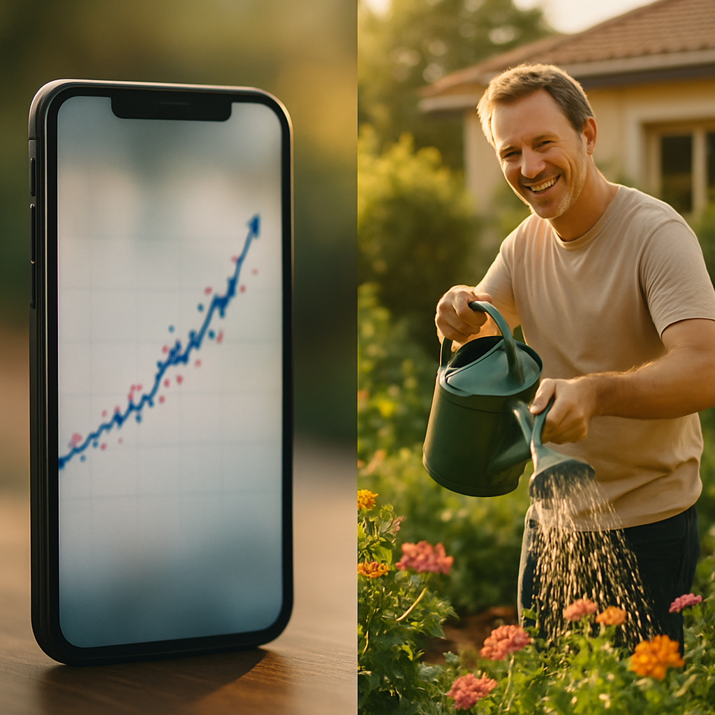 Virtual Power Plant Qld - A split-screen image. On one side, a realistic-looking smartphone displays a graph trending upward, representing increasing earnings. On the other side, a happy homeowner is watering plants in their garden, subtly linking financial gain with a positive home environment. The smartphone screen is stylized to avoid any logo issues.